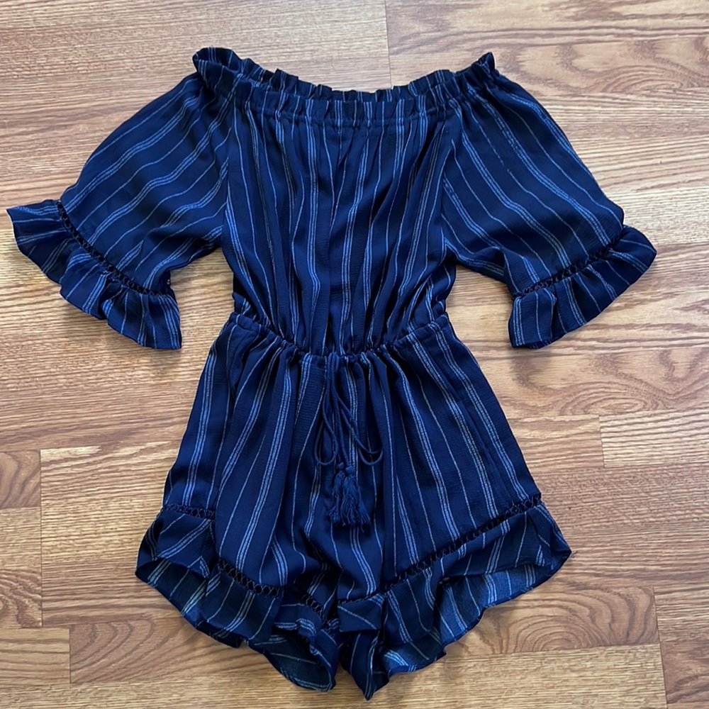 Navy Blue Off Shoulder Striped Romper